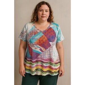 French Blue  Womens Blouse Tunic 1X Artsy Short Sleeve Top V-neck Rhinestone